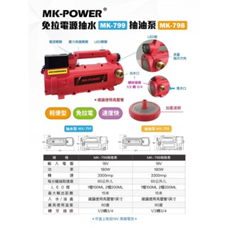 WIN五金 MK-POWER 18V充電式抽水泵抽油泵<MK-798+6.0電池套組> 沉水泵浦 沉水幫浦 抽水機 抽水馬達, , large