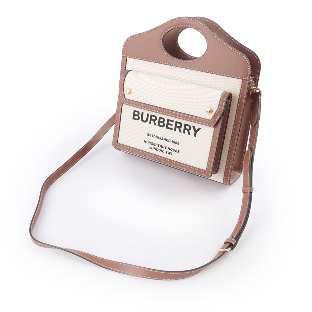 BURBERRY 帆布拼皮革手提/斜背口袋包(Mini)/自然色/麥芽棕, , large