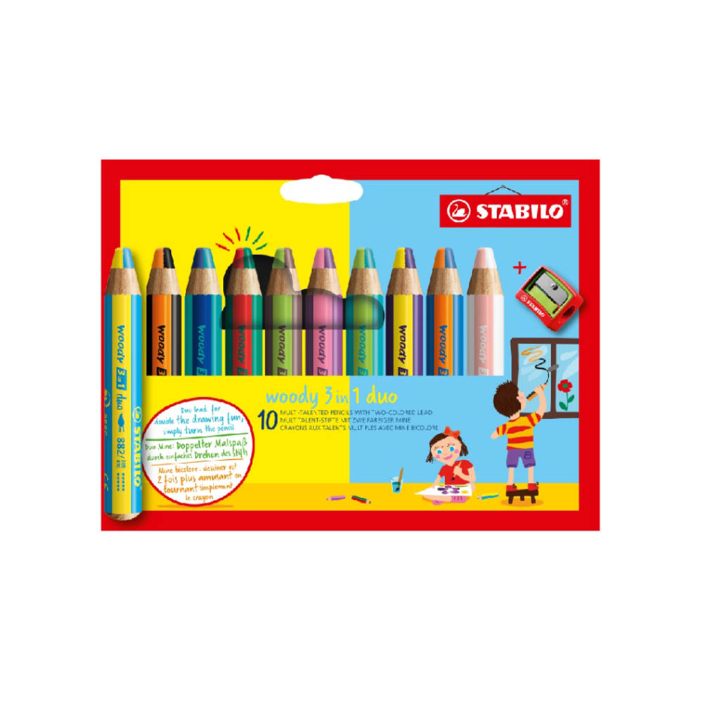 STABILO 德國 思筆樂 woody 3 in 1 duo 伍迪樂三合一可水洗雙色水彩粉蠟筆 附削筆器 10支組/盒 ST882/10-2