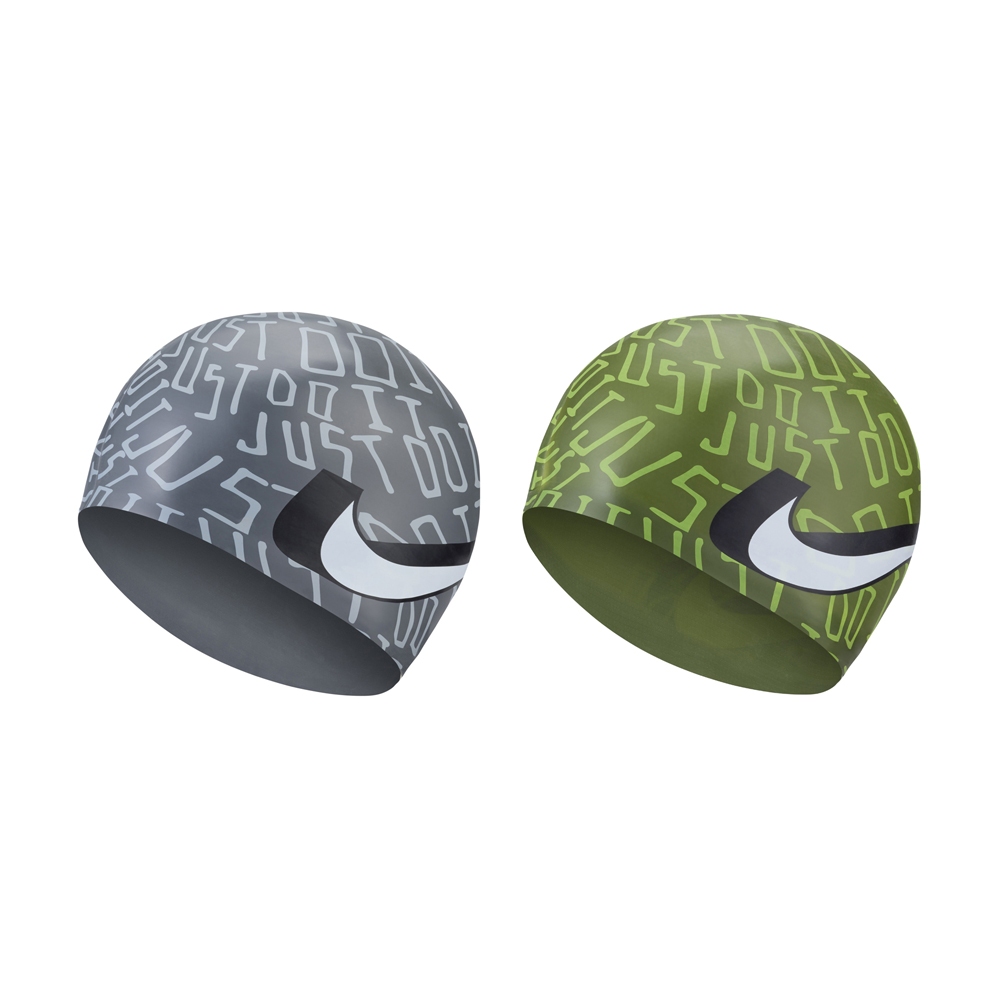 NIKE JDI 成人矽膠泳帽 競賽 比賽 訓練 戶外運動 泳池 文字圖樣 低過敏 彈性 舒適 矽膠 貼合 耐用 灰 綠, , large