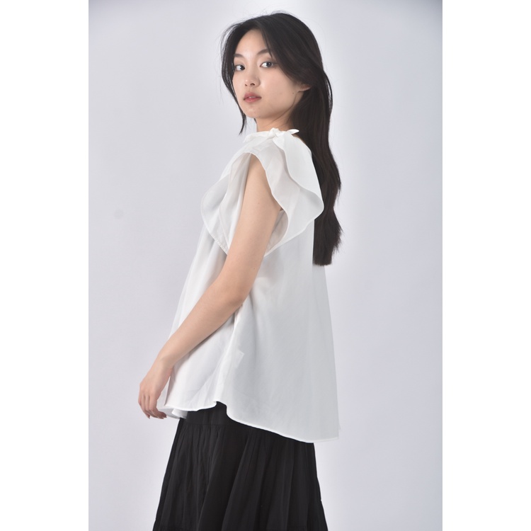 (S) couture brooch質感V領白色短袖上衣二手衣, , large