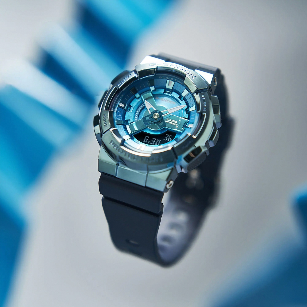 CASIO 卡西歐 G-SHOCK 金屬色雙顯電子錶-科技藍 GM-S110LB-2A, , large