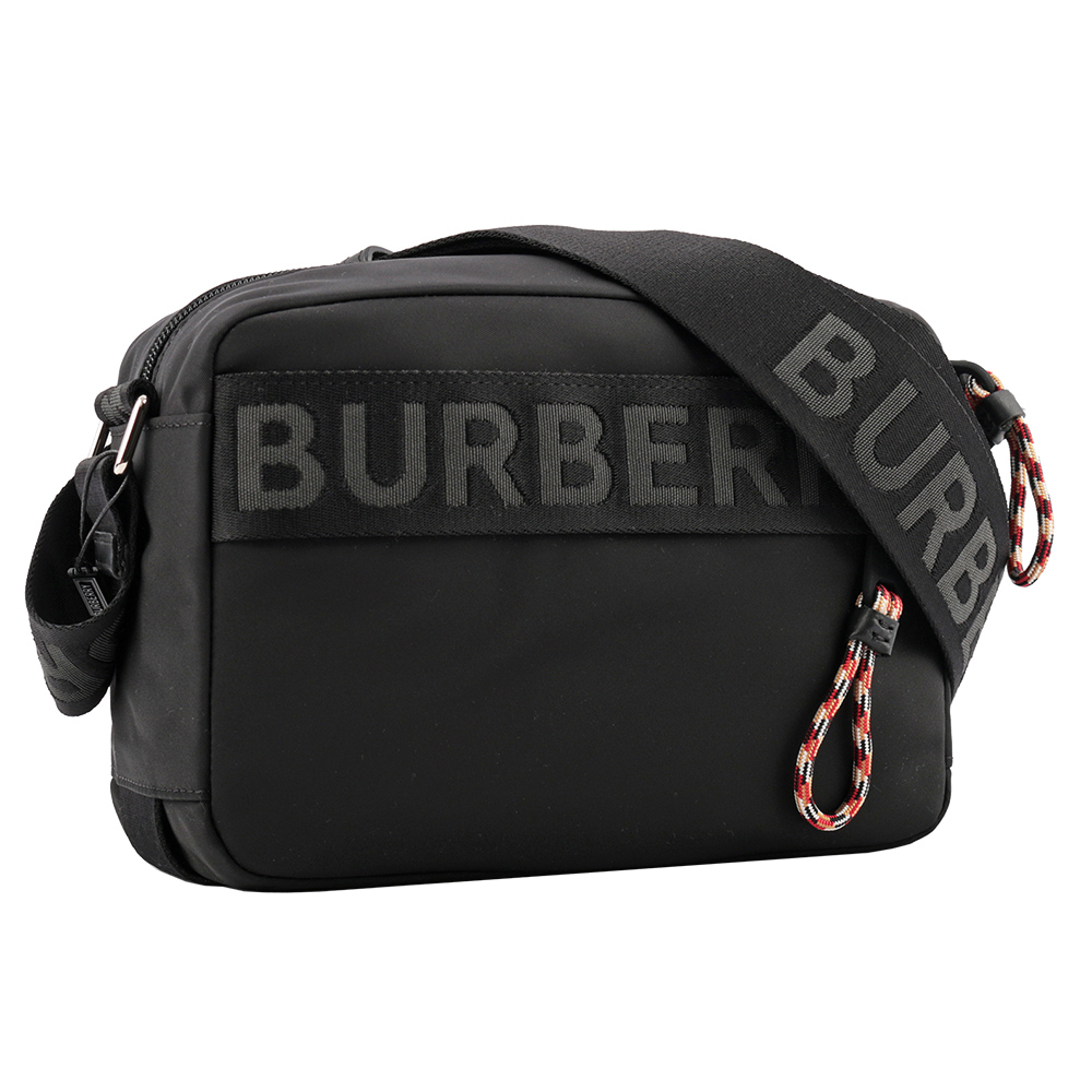 BURBERRY Logo細節緹花編織拉鍊斜背包/黑色, , large