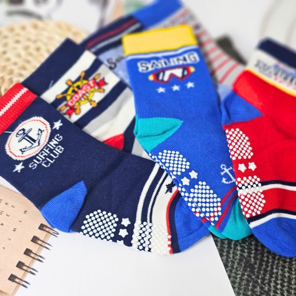 [Kaimei Cotton Industry] 8 pairs of random excellent MIT made in Taiwan pure cotton non-slip children's socks, little sailor style, boys 13-16cm, , large