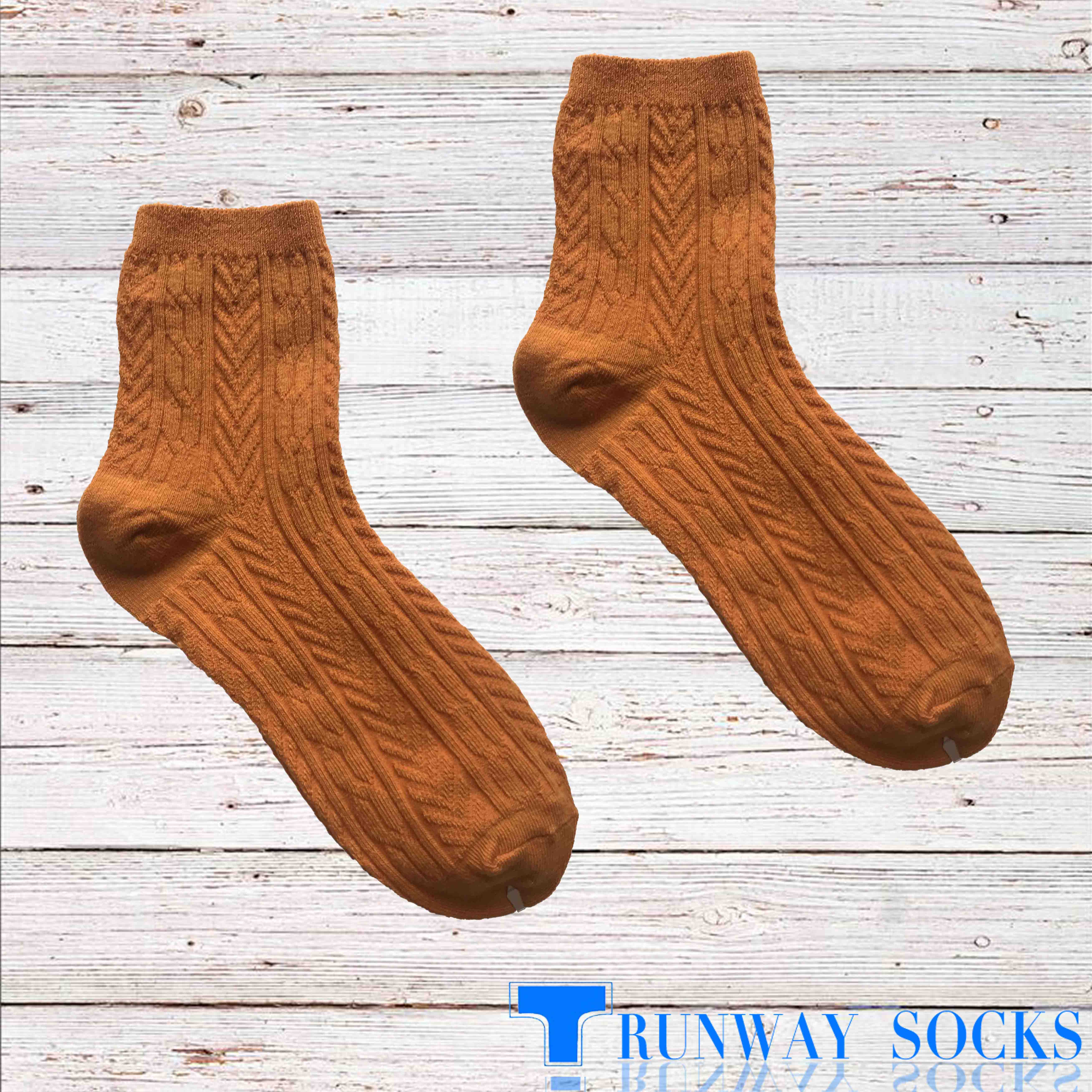 【伸展台】《RUNWAY SOCKS》熱銷 日系 流行短襪 雙針筒技術 復古緹花設計 薑黃色 1雙入, , large