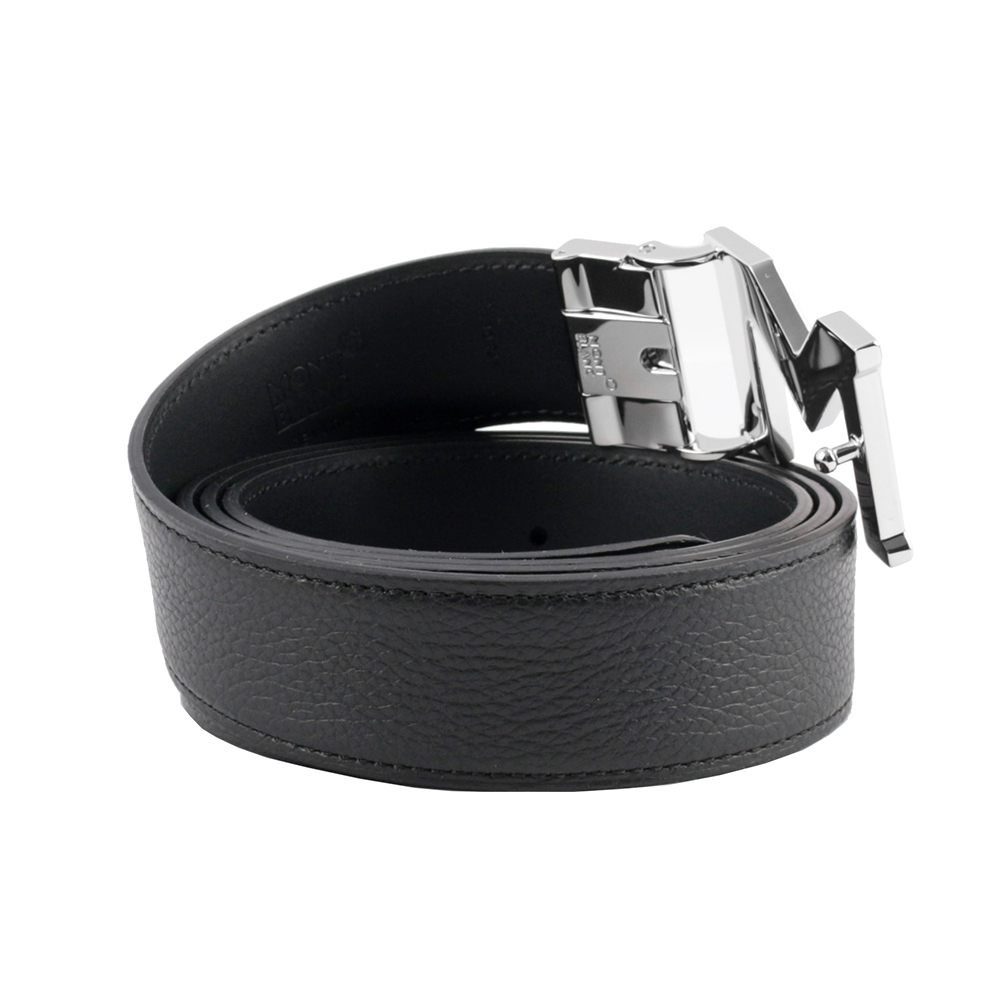 MONT BLANC 銀色M Logo 搭扣3.5cm牛皮雙面可用皮帶(黑色), , large