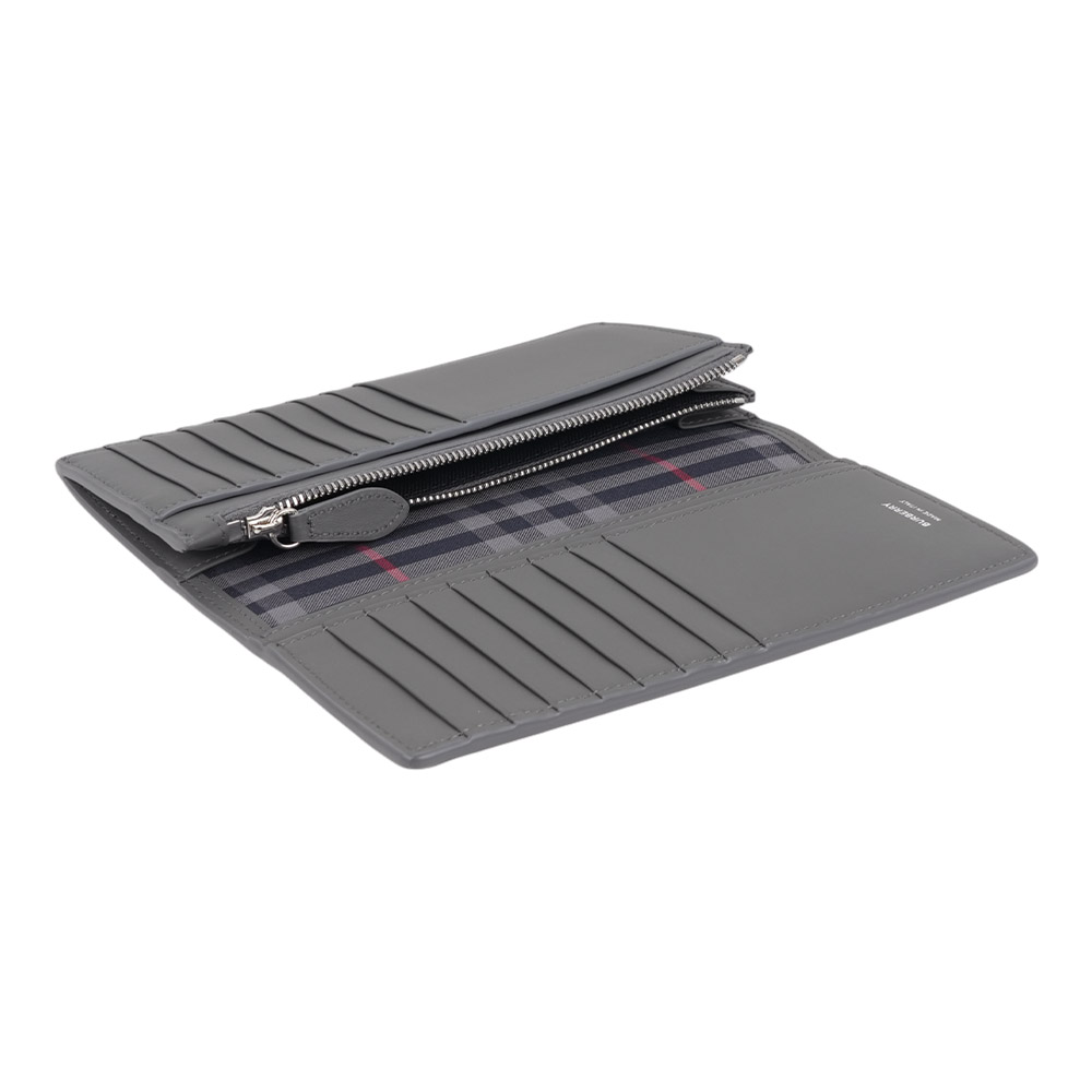 BURBERRY 銀字Logo粒紋牛皮16卡對開二折長夾(煤灰色), , large