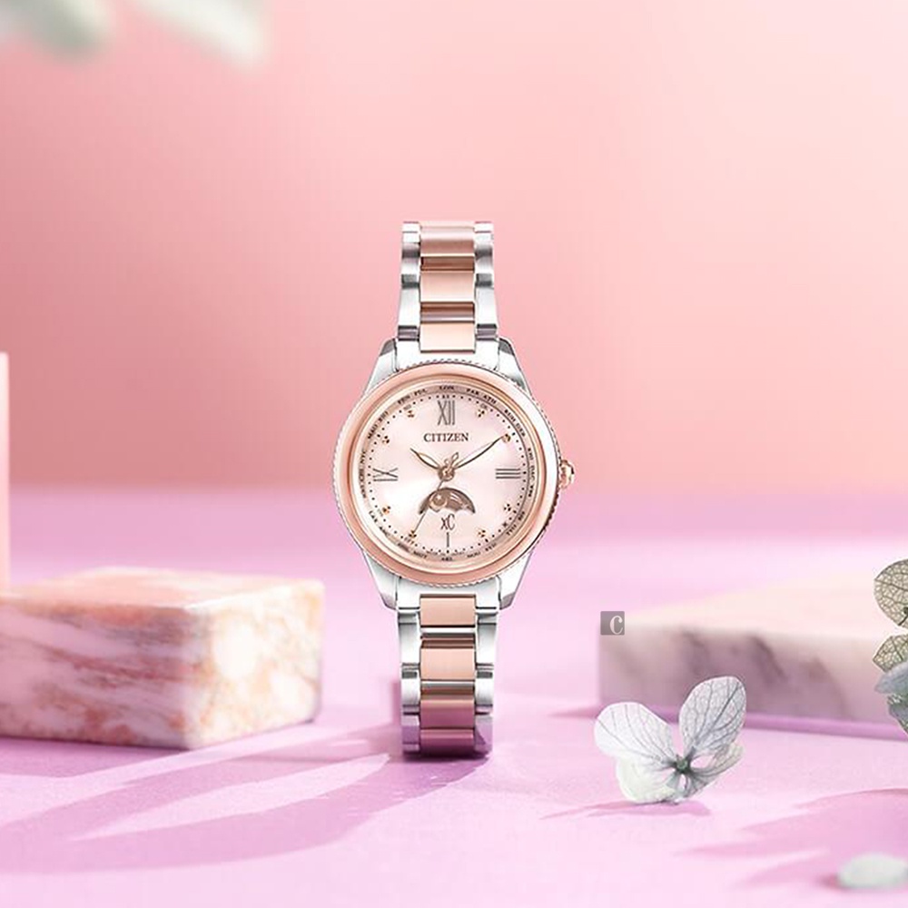 CITIZEN 星辰 XC 鈦 日月顯示光動能電波女錶 EE1005-54W, , large