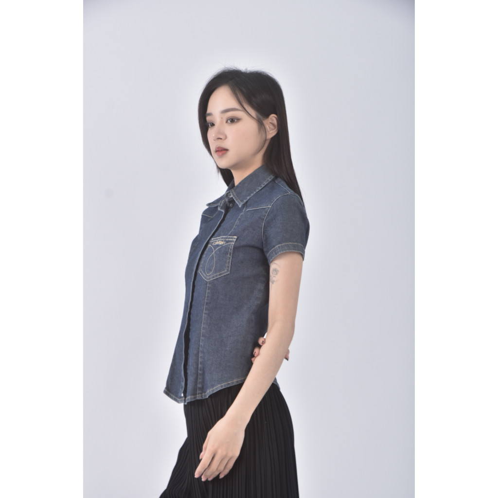 (S) calvin klein丹寧牛仔質感棉質藍色短袖上衣二手衣, , large
