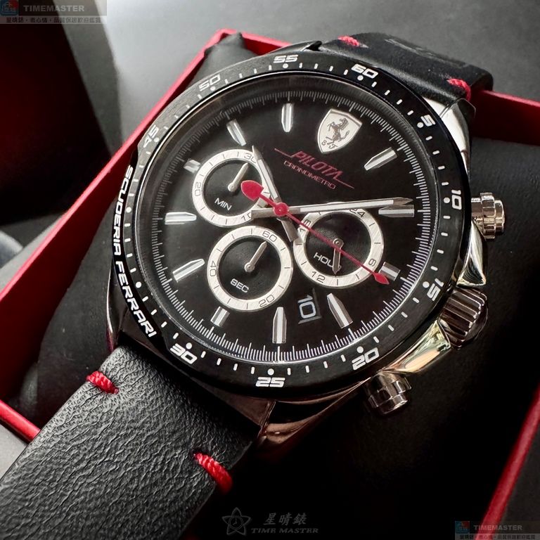 [星晴錶業]FERRARI手錶,46mm,FE00084黑色錶面銀錶殼深黑色真皮皮革錶帶款