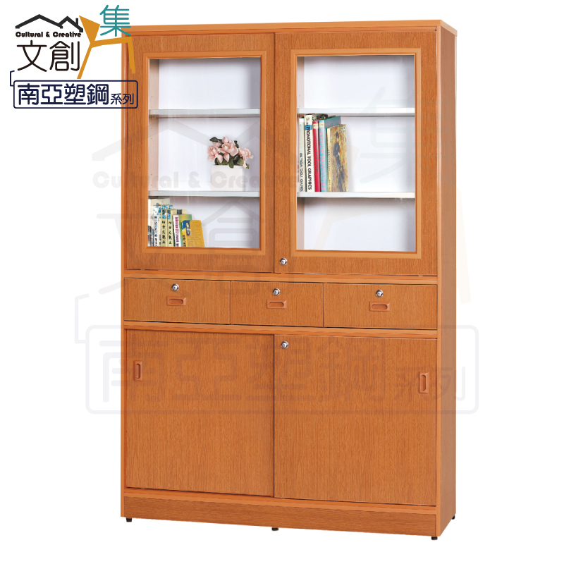 【文創集】海莉 環保3.9尺南亞塑鋼四推門三抽書櫃/收納櫃(客約商品), , large