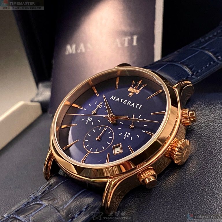 [星晴錶業]MASERATI手錶,42mm,R8871618007寶藍色錶面玫瑰金錶殼寶藍真皮皮革錶帶款, , large