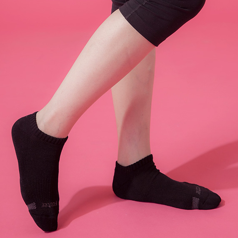 Footer單色運動逆氣流氣墊船短女襪, 黑色-M, large