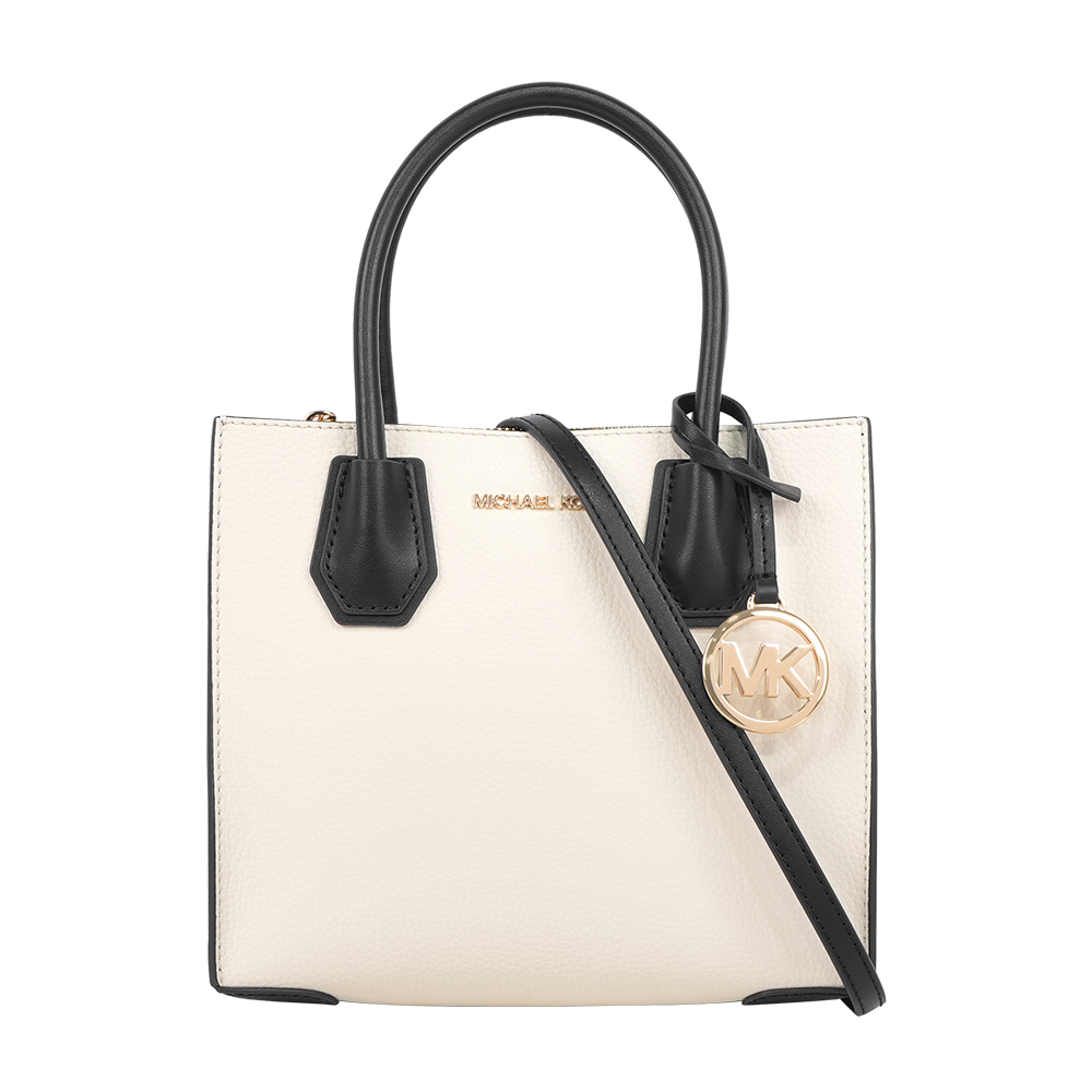 Michael Kors Mercer Logo 吊飾拼色粒紋皮革中型二用包(奶油色), , large