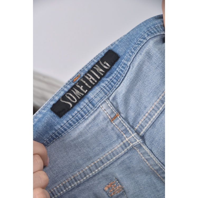 (XL) some thing丹寧牛仔質感棉質破洞藍色長褲二手衣, , large