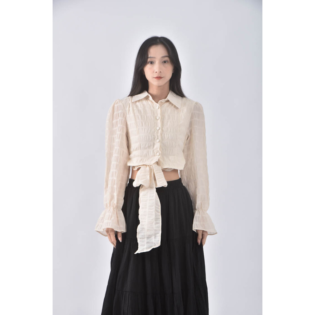 (S) design vogue質感綁帶造型杏色長袖上衣二手衣, , large