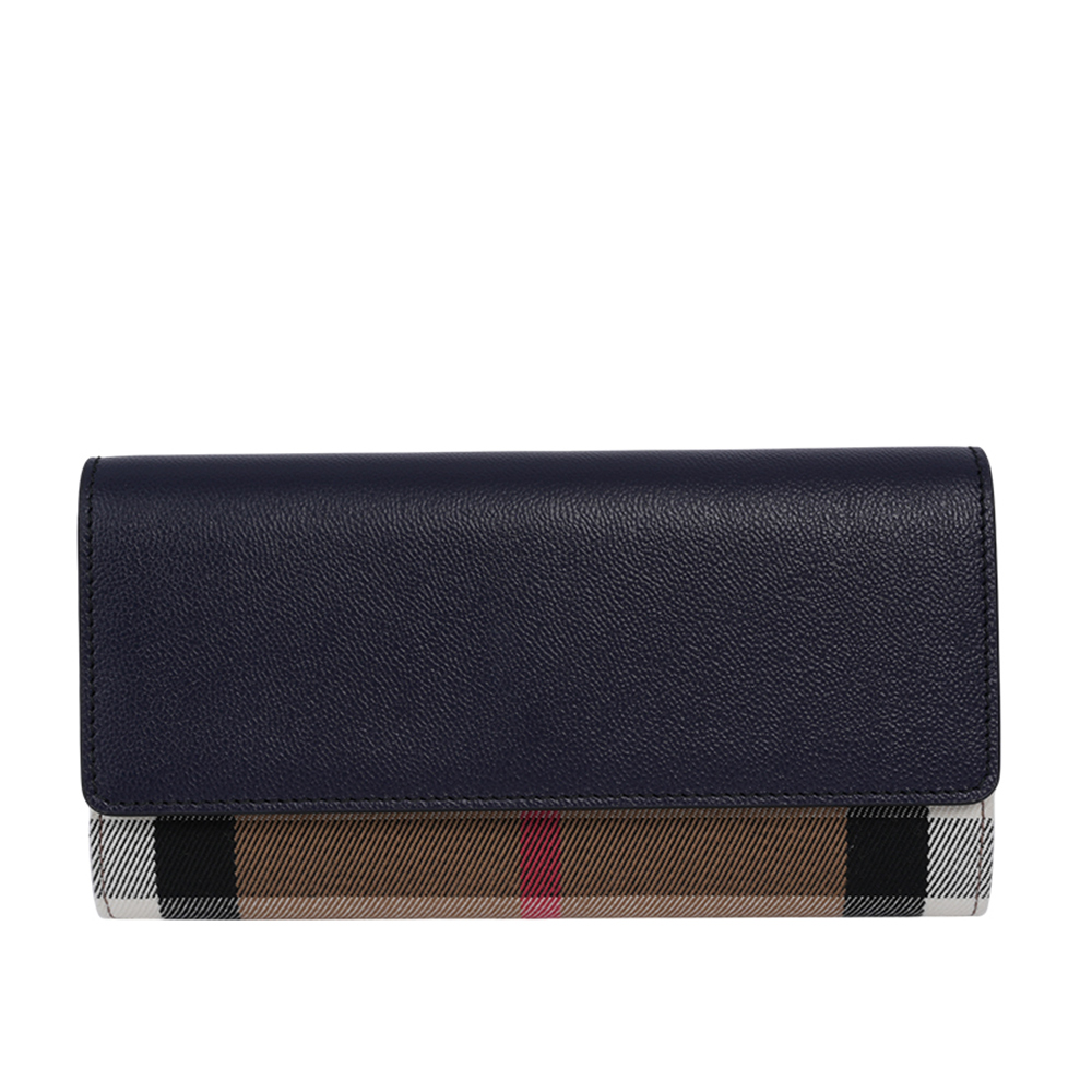 BURBERRY Halton 大格紋帆布及牛皮翻蓋二折長夾/海軍藍, , large