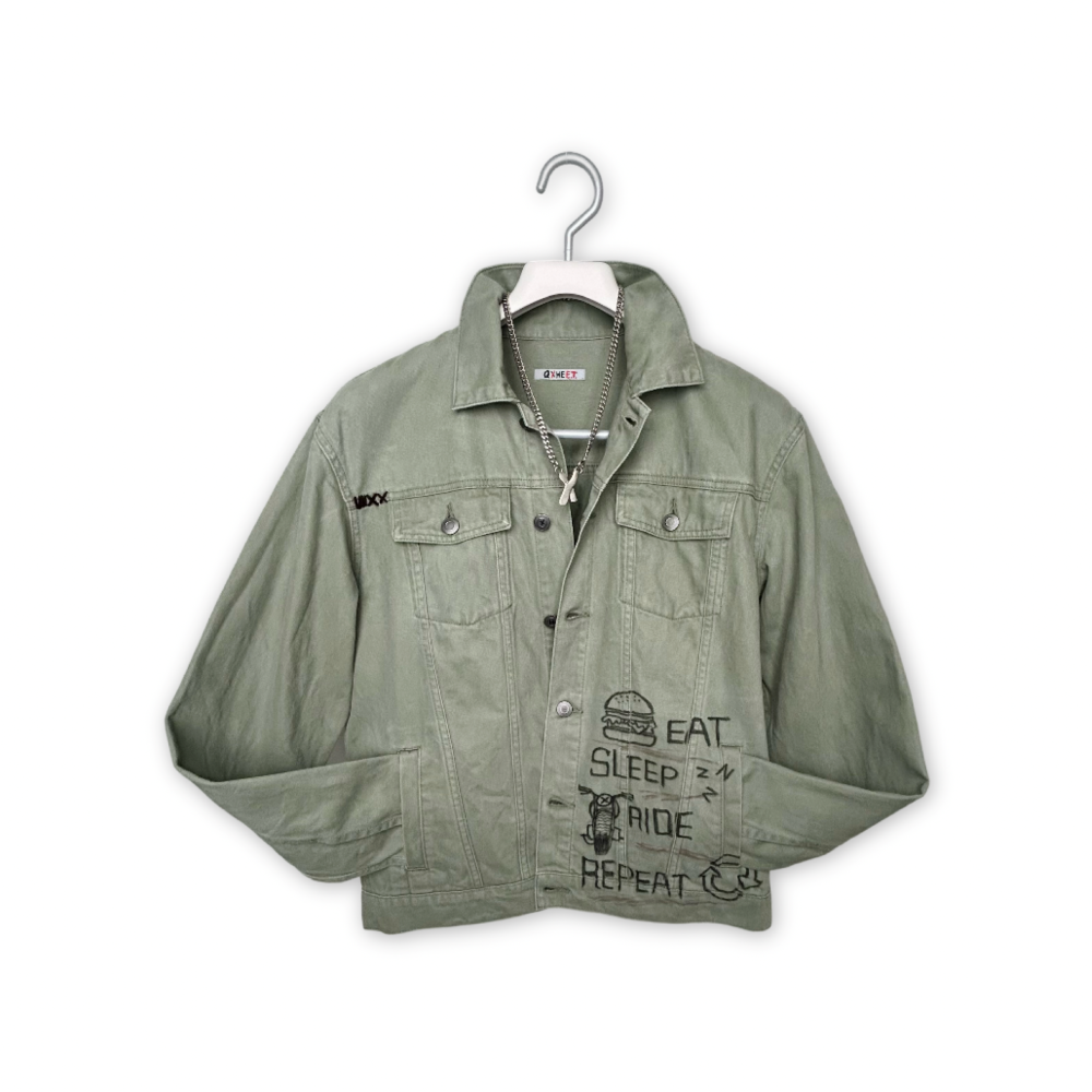 Military graffiti denim jacket/grey green, , large