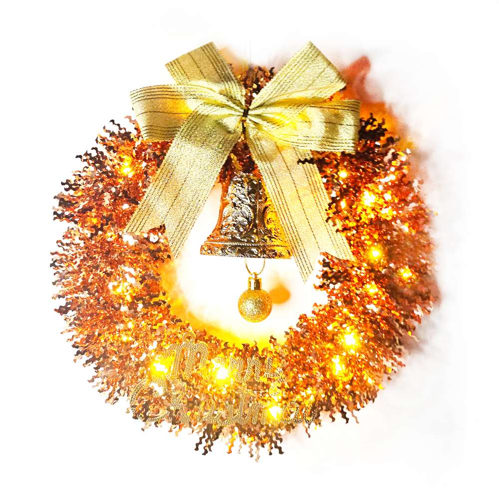 摩達客11吋優雅香檳玫金系金蔥彎絲聖誕花圈+20燈LED暖白光燈串_本島免運費, , large