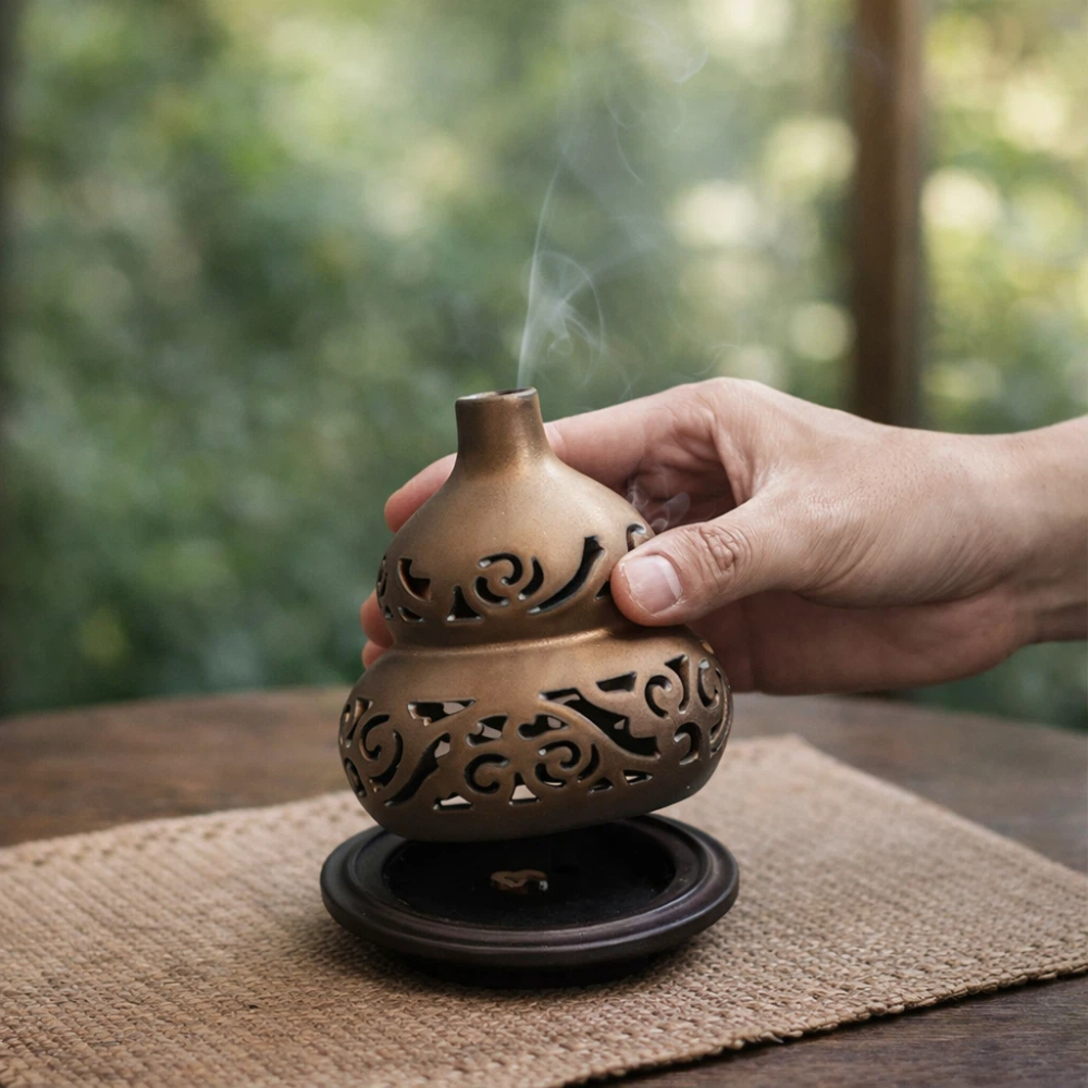 【A&R】招財開運 鏤空福祿鎏金香薰爐 附葫蘆香插, , large