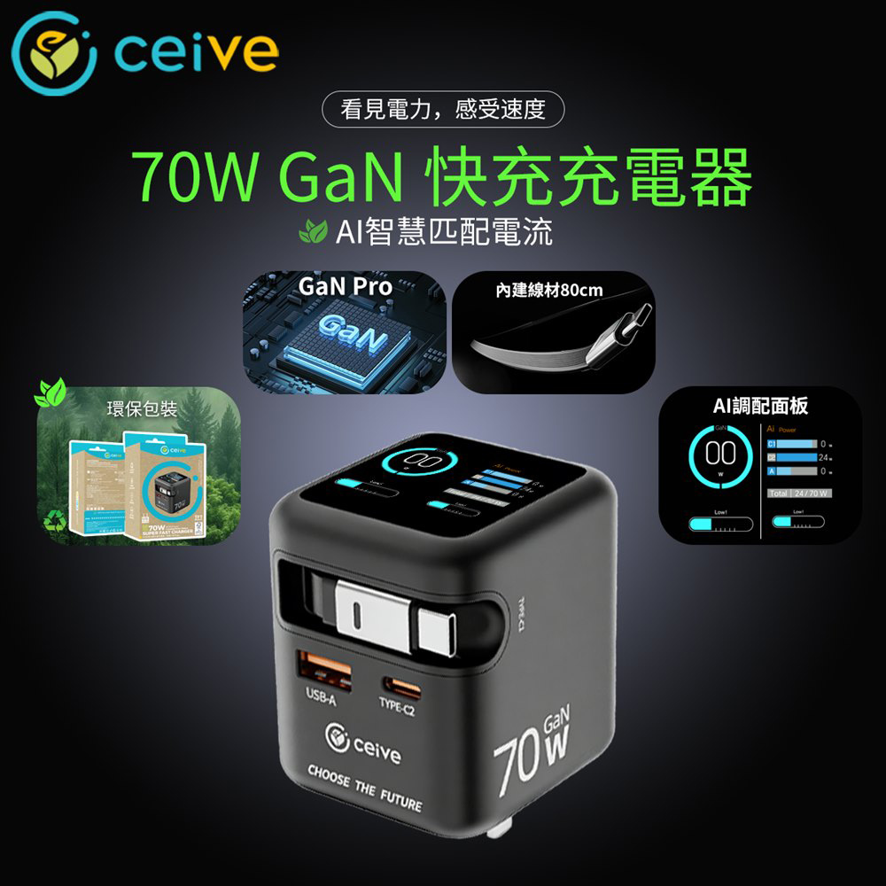 CEIVE啟逸 LQ RE003 Gan 70W 氮化鎵快速充電器 美規, , large