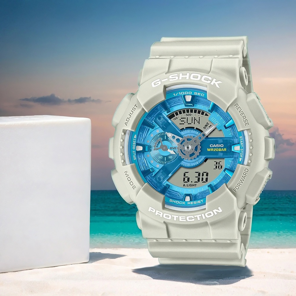 CASIO 卡西歐 G-SHOCK 綠洲湖泊 雙顯運動手錶-米白 GA-110AS-5A, , large