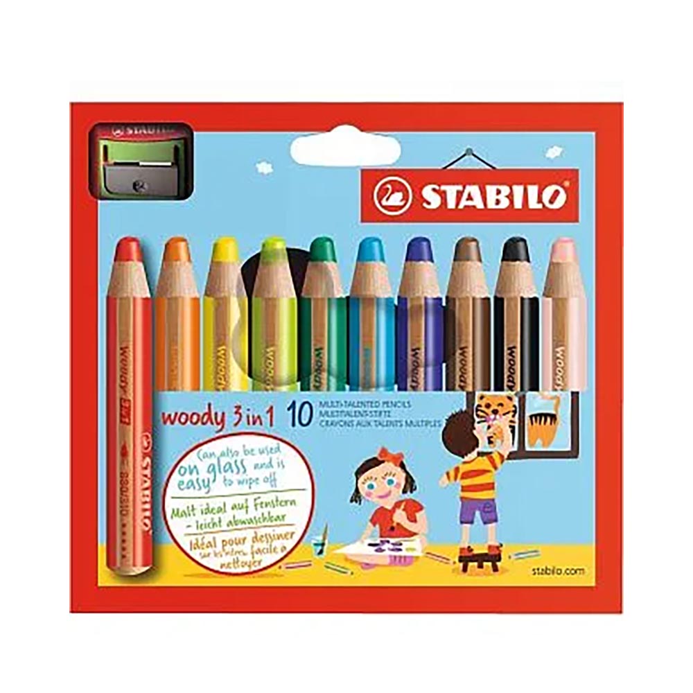 STABILO 德國 思筆樂 woody 3 in 1 伍迪樂三合一可水洗水彩粉蠟筆 附削筆器 10支組/盒 ST880/10-2