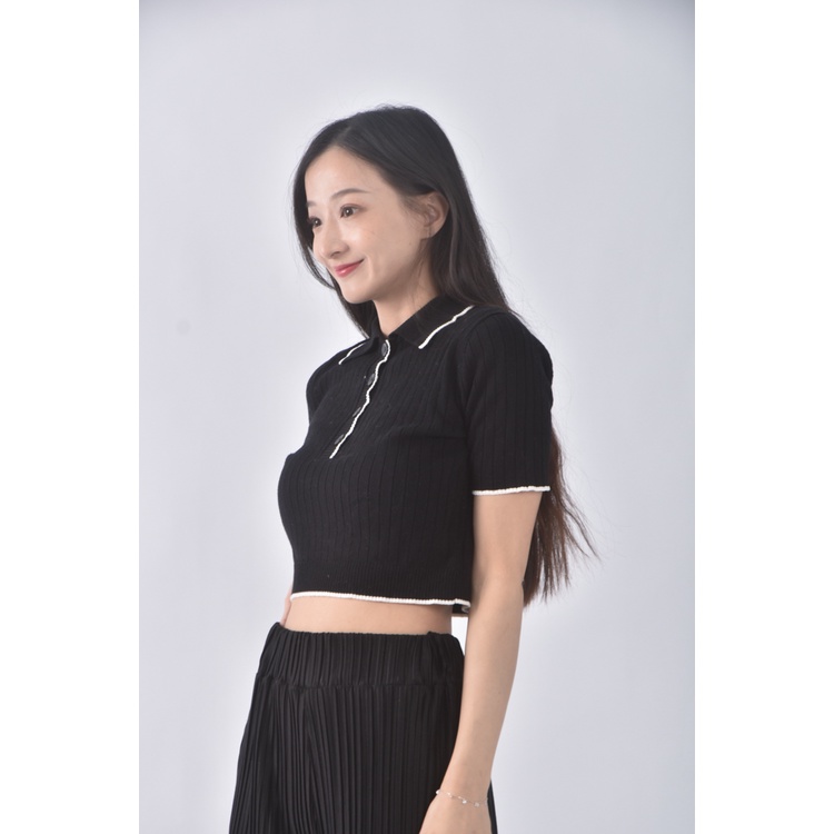 (S) maison marguerite質感棉質跳色黑色短袖上衣二手衣, , large