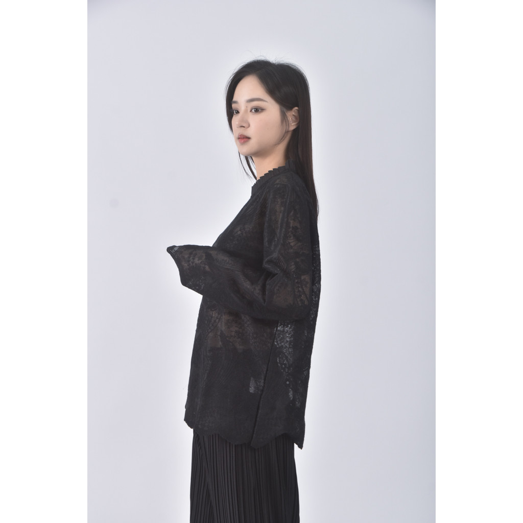 (M) autumn beige質感透膚黑色長袖上衣二手衣, , large