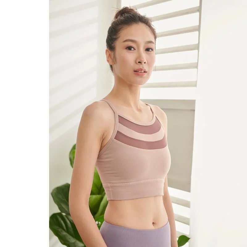 YOGA FLOW Suria Bra - 撞色網紗短版上衣 - 珊瑚粉 Apricot Pink, , large