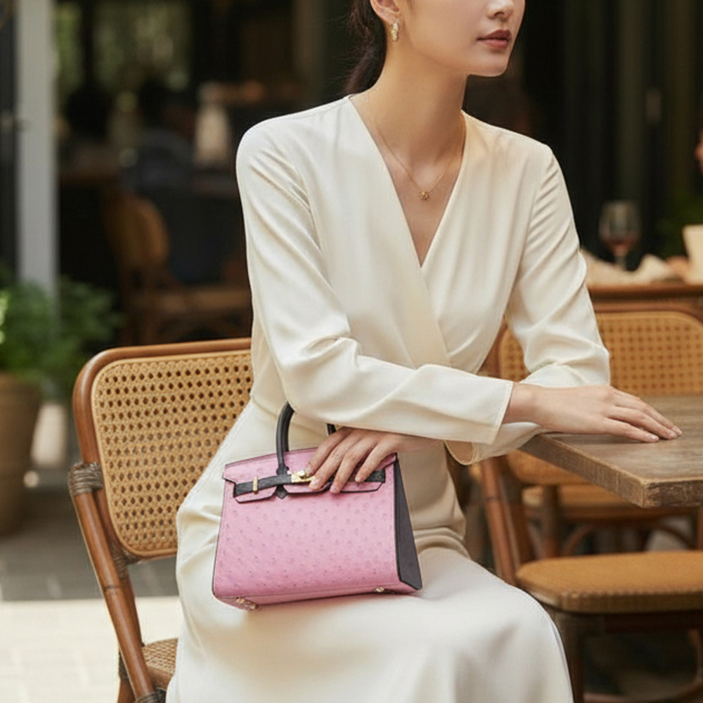 【M2nd】卡希瓦鴕鳥皮迷你柏金包-灰粉(T9407A), , large