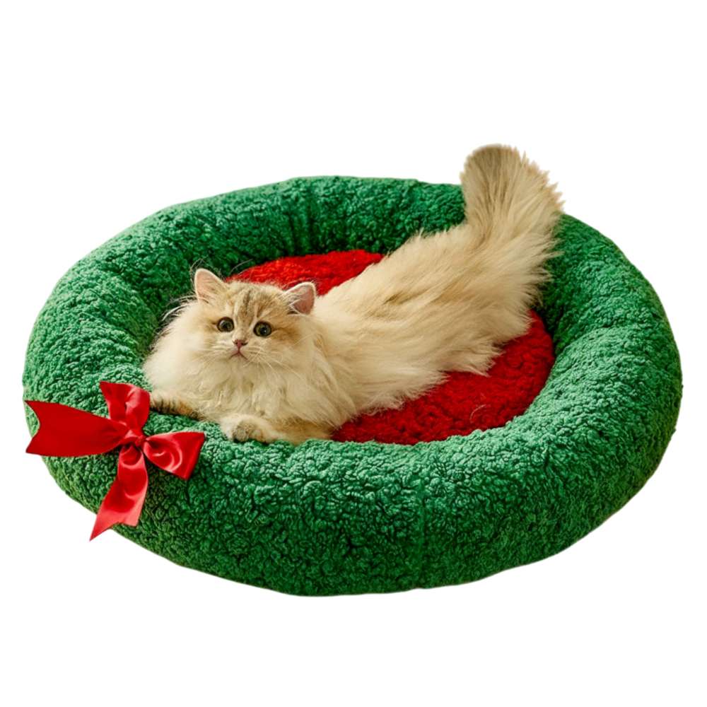 摩達客寵物-綠紅聖誕花圈保暖造型氛圍感貓窩狗窩-S號-保暖加厚氛圍感寵物墊, , large