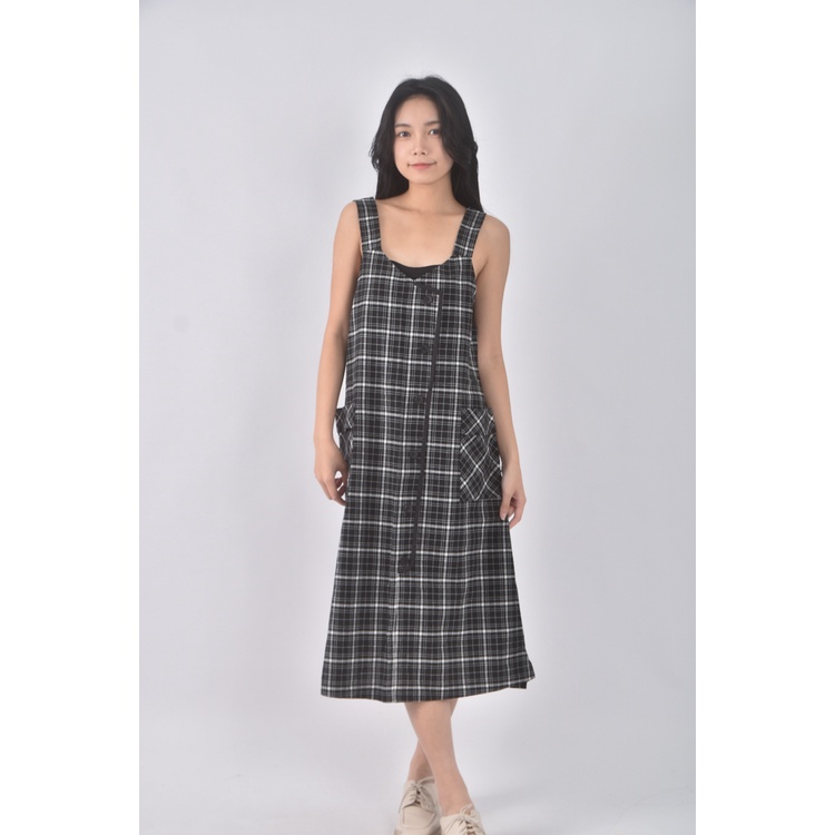 (M) osan質感棉質純棉格紋黑色洋裝二手衣, , large