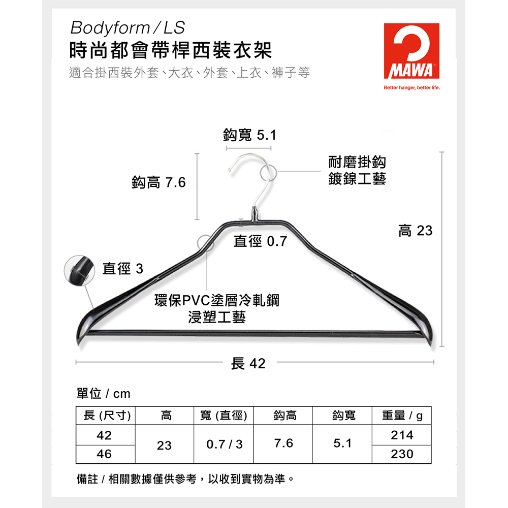 【德國MAWA】德國原裝進口 無痕止滑 時尚外套大衣衣架42cm 10入/黑, , large