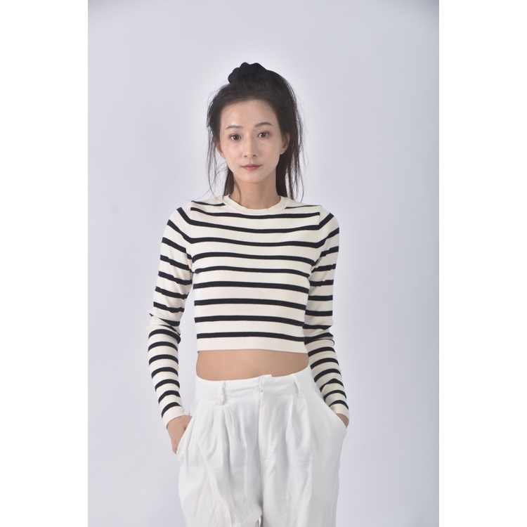 (S) 【安于晴Charlene私服】zara質感修身短版條紋白色長袖上衣二手衣, , large