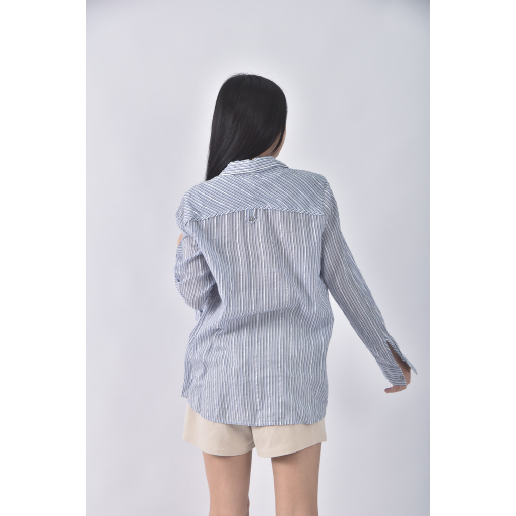 (L) net質感西裝棉質條紋藍色長袖上衣二手衣, , large