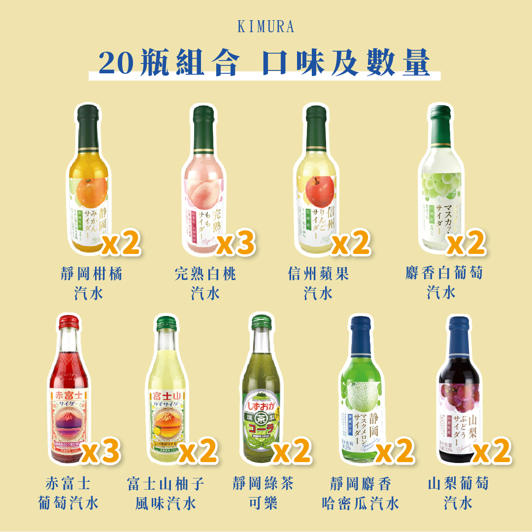 [BesoVida]KIMURA 木村｜240ml 20瓶全口味組合｜完熟白桃/麝香白葡萄/信州蘋果/碳酸飲料/水果汽水/氣泡飲料/日本進口, , large