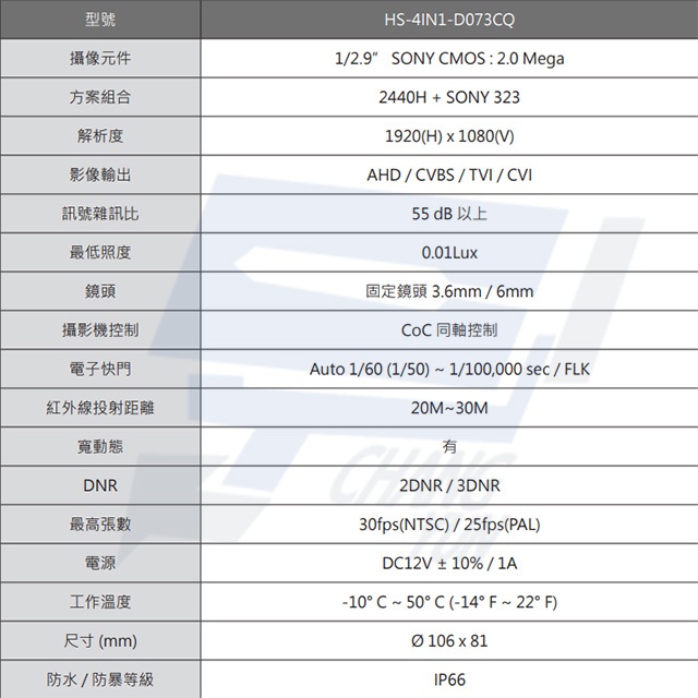 昌運監視器 昇銳 HS-4IN1-D073CQ(D047AA) 200萬 高規格紅外線半球攝影機, , large