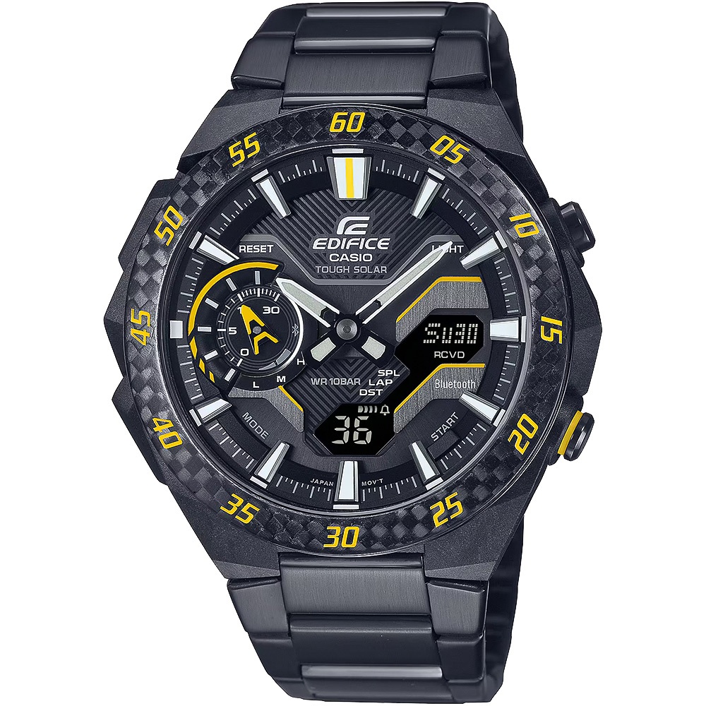 CASIO 卡西歐 EDIFICE 賽車方格旗 太陽能藍芽手錶-黑x黃色 ECB-2200RC-1A9, , large