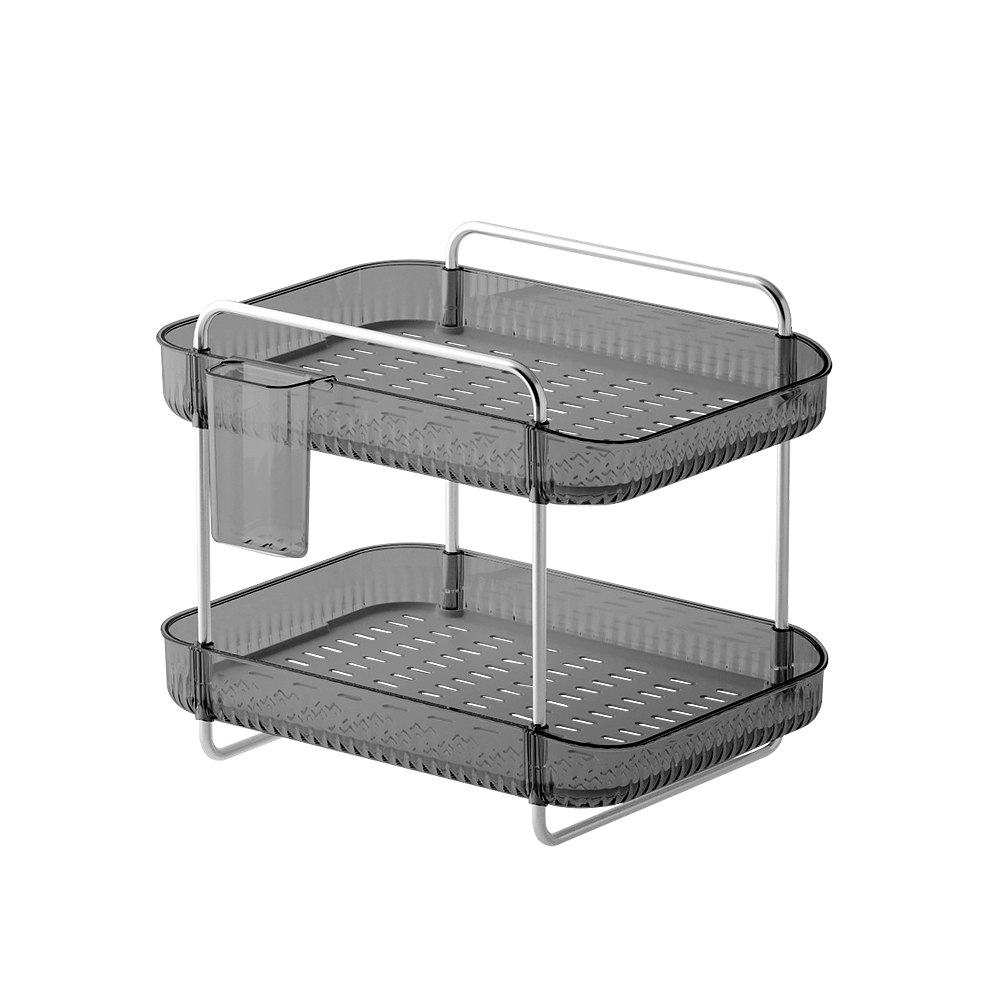 SHCJ輕奢桌面雙層瀝水收納置物架【透明黑】 杯子收納 零食收納 文具收納 保養品收納, , large