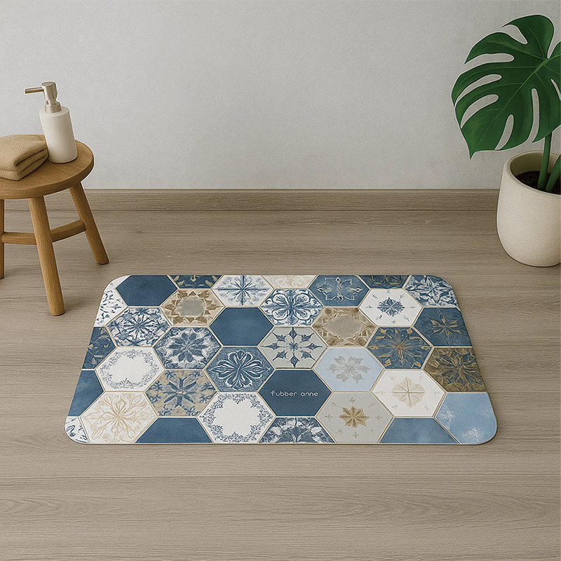 【Monster】 rubber anne 10-Second Ultra-Absorb Soft Diatomaceous Earth Mat – Hexagon Tile Series (60x40cm) – Blue Porcelain Tile, , large