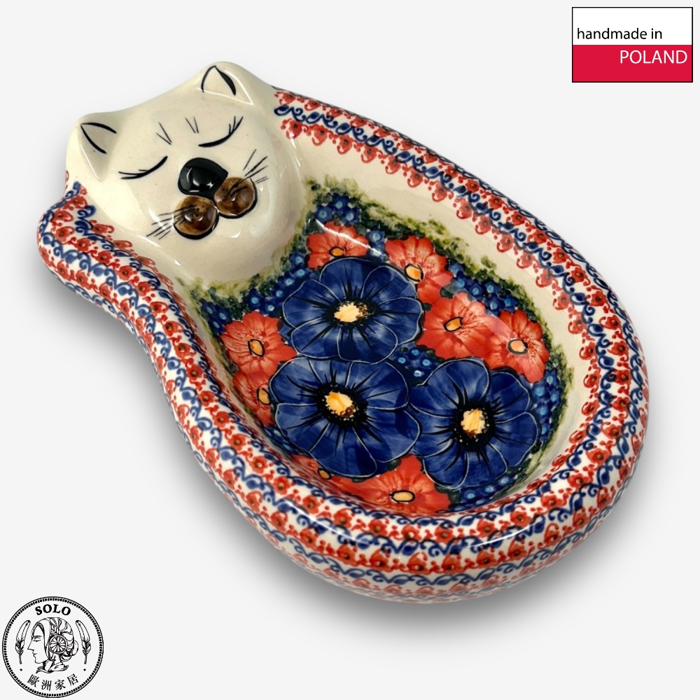 【SOLO Vintage】Cerraf Polish Pottery 24cm Cat Bowl Red and Blue Blossoming Elegance Series Made in Poland, , large