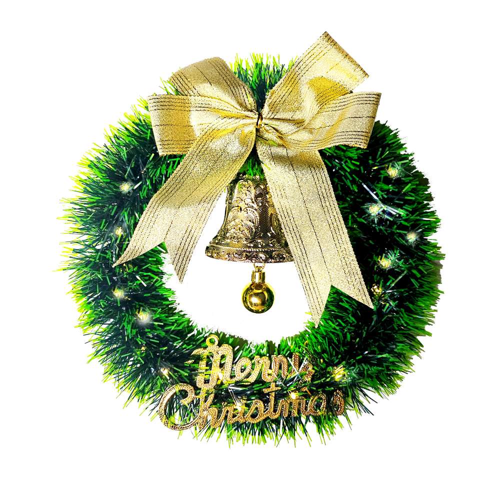 摩達客11吋森林雙綠漸層系金蔥彎絲聖誕花圈+20燈LED暖白光燈串_本島免運費, , large