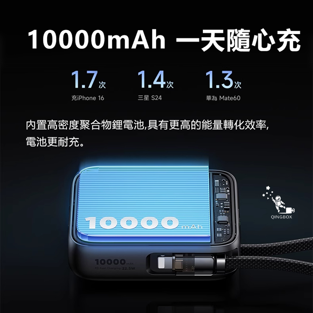 Mcdodo麥多多 LQ MC255 FreeKit系列雙線自帶線數顯行動電源10000mAh 38.5Wh 22.5W, , large