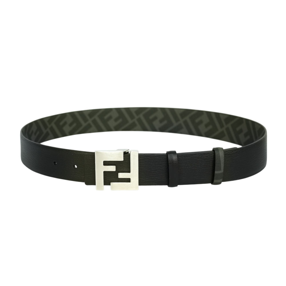 FENDI FF Squared 銀釦帆布及牛皮 100cm 雙面可用皮帶/黑色/黑灰色, , large
