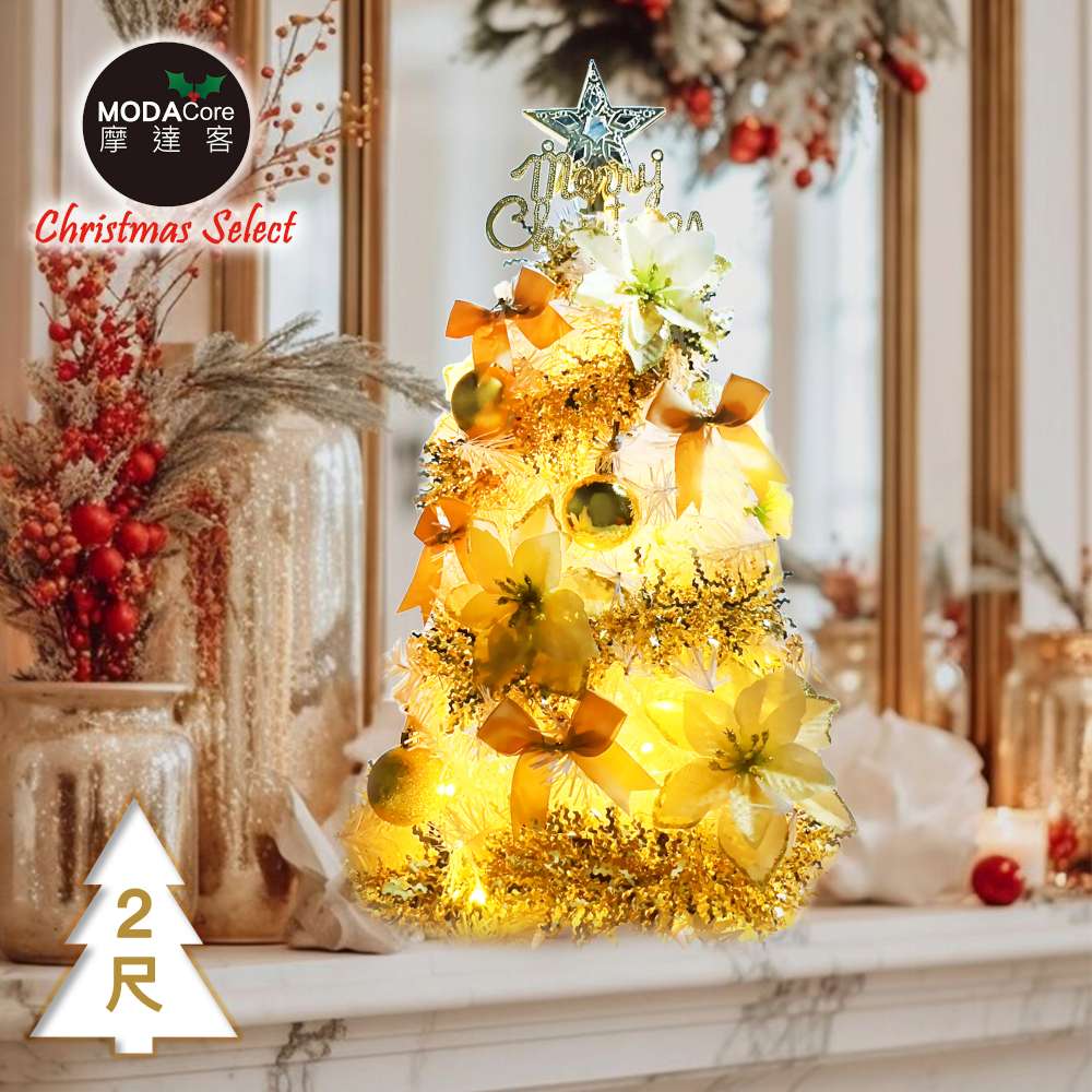摩達客-台灣製2尺(60cm)精緻白色聖誕樹+富貴雙金聖誕花系飾品組+50燈LED燈串暖白光-USB電池盒兩用充電/本島免運費MIT歐美外銷款, , large