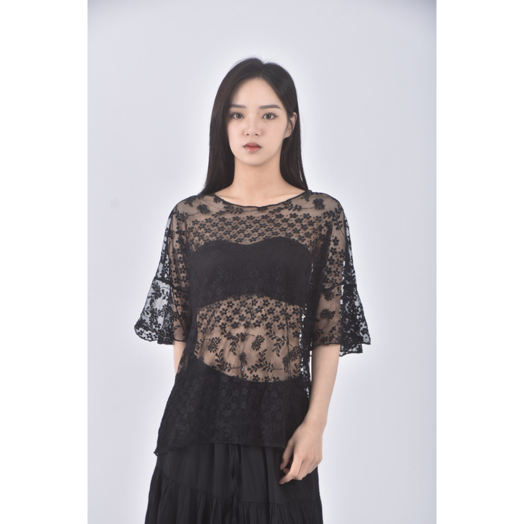 (M) 蕾絲透膚黑色短袖上衣二手衣