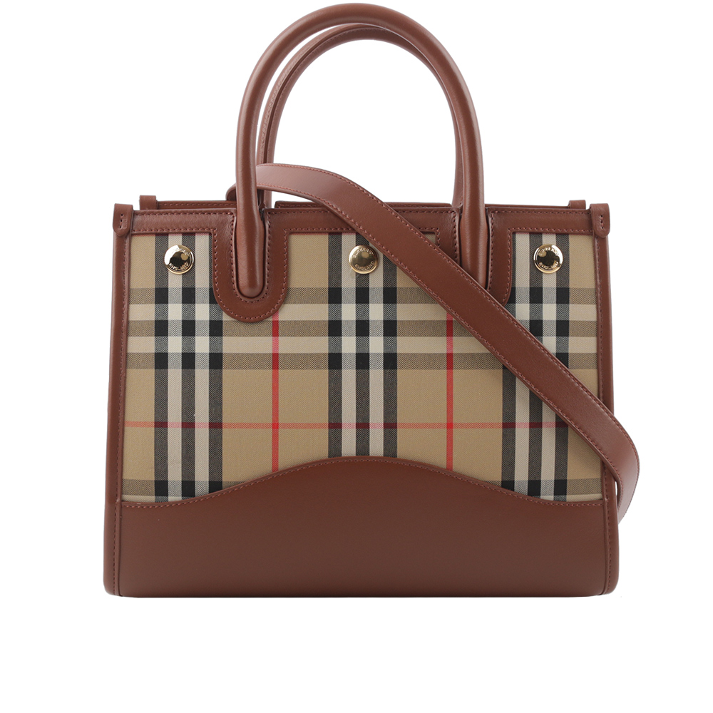BURBERRY Title 格紋帆布及小牛皮小款手提/斜背二用包/棕褐色, , large