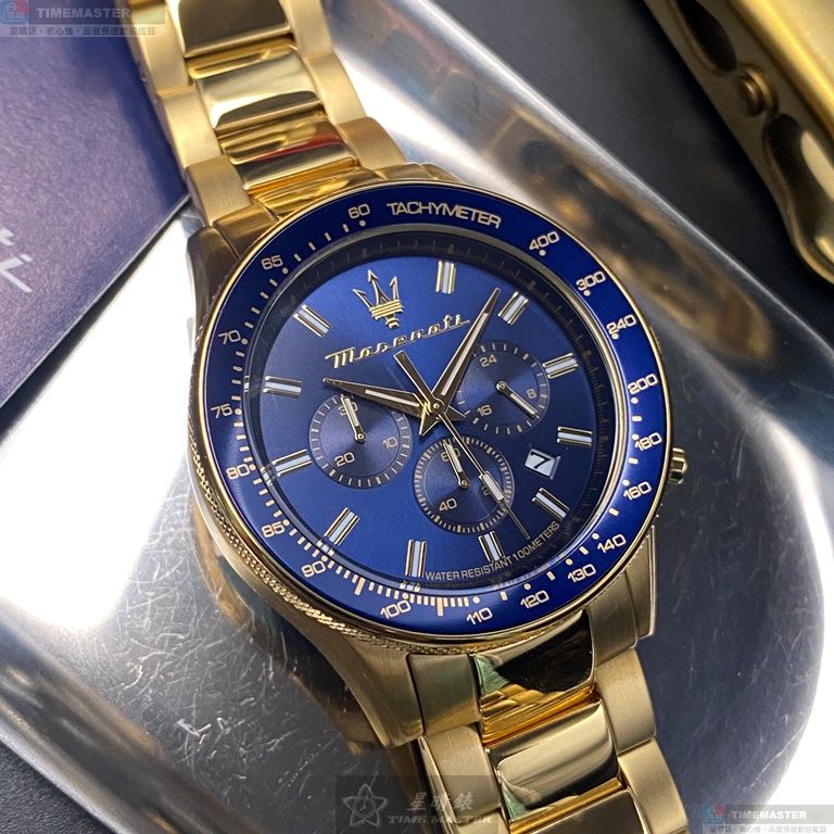 [星晴錶業]MASERATI手錶,44mm,R8873640008寶藍色錶面寶藍錶殼金色精鋼錶帶款, , large