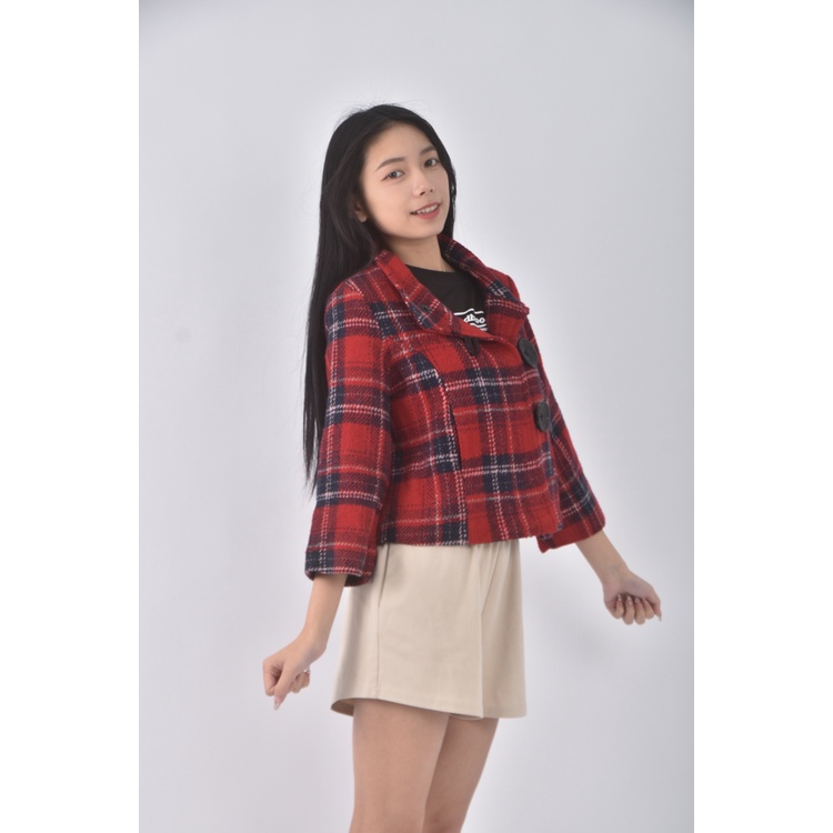 (S) 質感棉質格紋紅色外套二手衣, , large